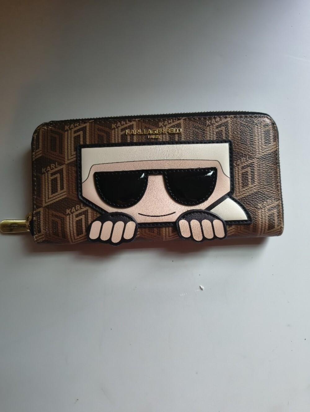 Karl Lagerfeld Brown Logo Zip Wallet with Pink and Black Appliqué
